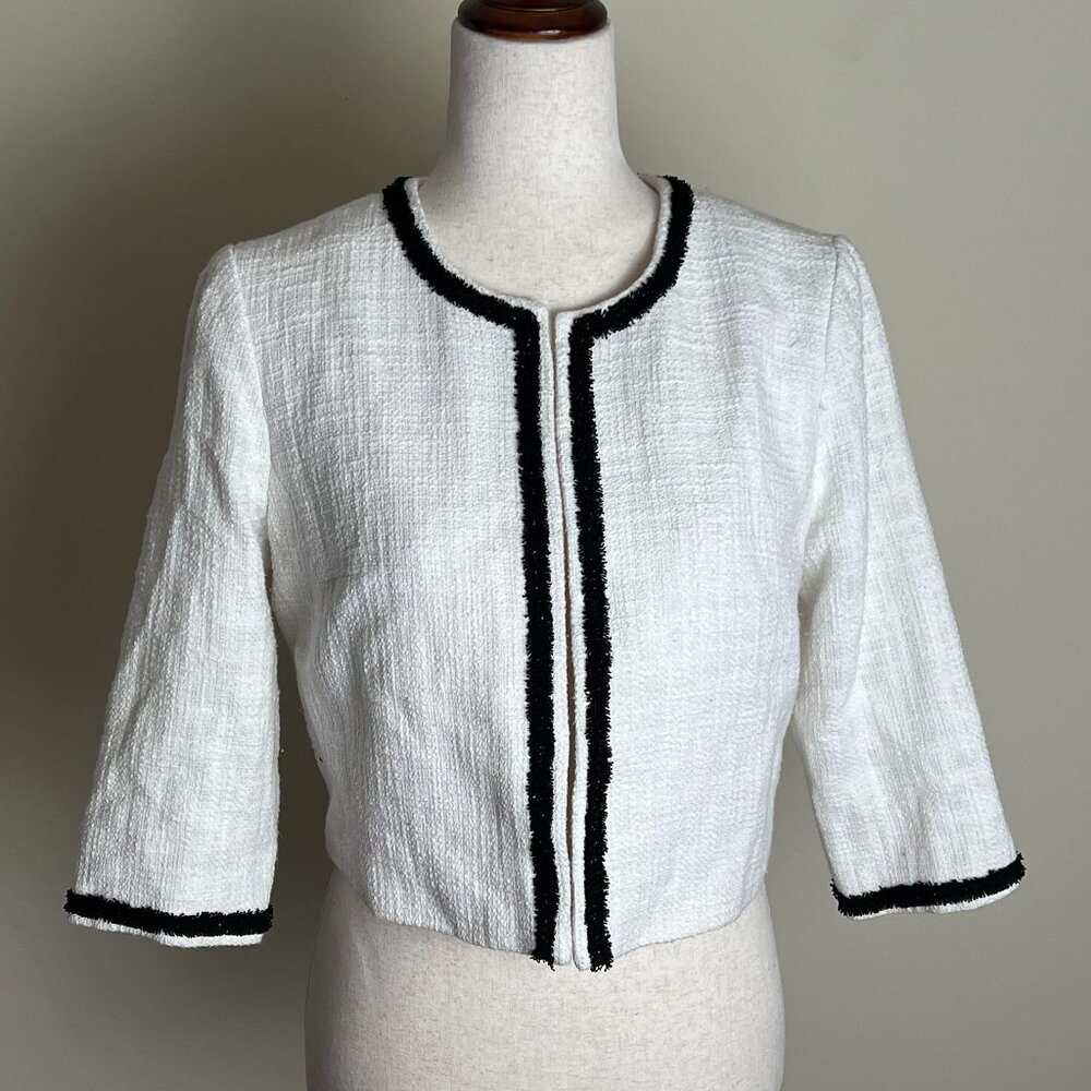 Karl Lagerfeld Paris White Tweed Cropped Jacket Black Trim Size M